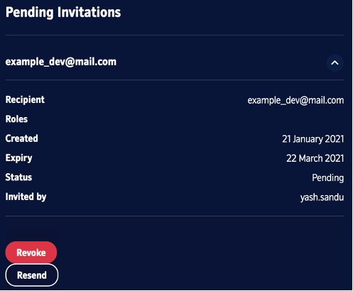 An image of pending invitation for developers